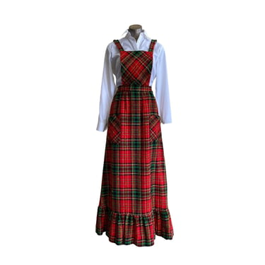 Vintage 1970s plaid pinafore maxi dress, red, back and green tartan, suspender dress, bib front, small medium 28 waist, christmas 