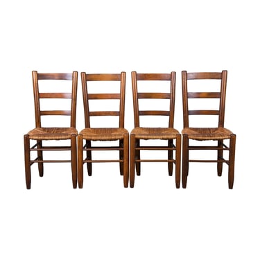 Country French Provincial Ladder Back Maple Farmhouse Dining Chairs W/ Rush Seats - Set of 4 