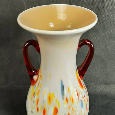 Vintage 60's/70's white glass vase, colorful detail. 