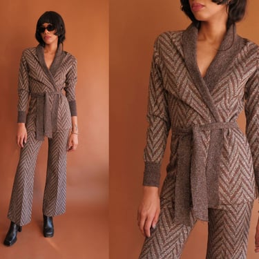 Vintage 70s Knit Two Piece Set/ 1970s Brown Chevron Suit/ Size Medium 