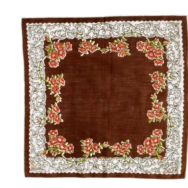 Unused 1950s Burmel Handkerchief with Sticker – Peach Floral on Brown Vintage Hanky, Rolled & Hand-Stitched Hem. 