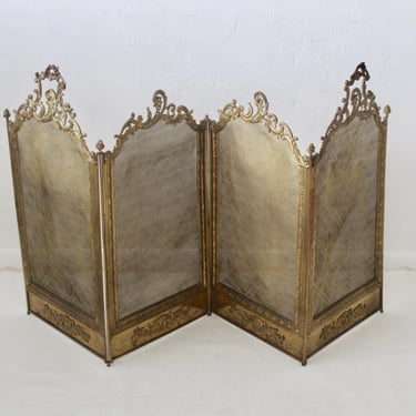 Vintage French Style Brass Serpentine Four Panel Decorative Filigree Foliage Fireplace Screen 