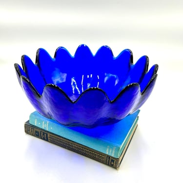 Vintage Blenko Glass Cobalt Blue Scalloped Bowl, 10" Textured Large Bowl, 14 Petal Lotus Style Wayne Hustad Glassware 