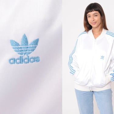 80s Adidas Track Jacket White Baby Blue Zip Up Jacket Retro Sports Striped Warmup Old School Streetwear Warm Up Vintage 1980s Large L 