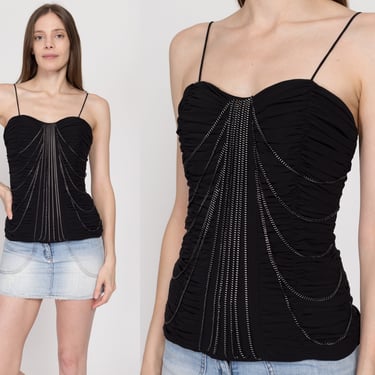 XS 90s Cache Black Ruched Chain Link Top | Vintage Spaghetti Strap Draped Formal Tank 