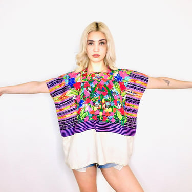 Hand Embroidered Huipil Blouse // vintage rainbow white woven boho hippie Mexican dress hippy tunic 70s 1970s 1970's 70's // O/S 