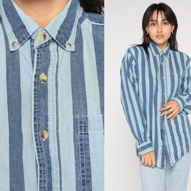 Striped Denim Shirt Y2K Button up Jean Shirt Retro Collared Chambray Long Sleeve Top Basic Plain Streetwear Blue Vintage 00s Mens Medium M 