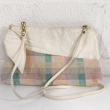 Vintage Pastel Woven Purse Bag Plaid Vinyl Faux Leather Shoulder Handbag Crossbody Brass Gold Cute Colorful 1980s 80s 