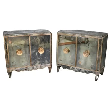 Pair Eglomise Aged Mirror French Directoire Style Commodes Attrib Grosfeld House