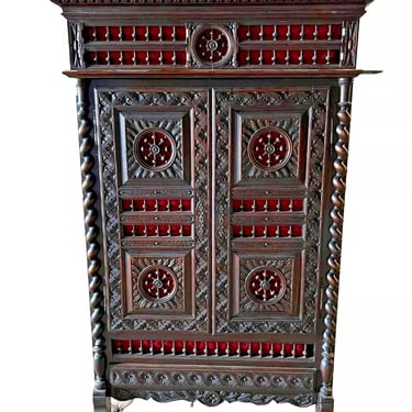 Antique Bookcase, Breton, French, Carved, Shelves, Red Interior, 19th C, 1800s