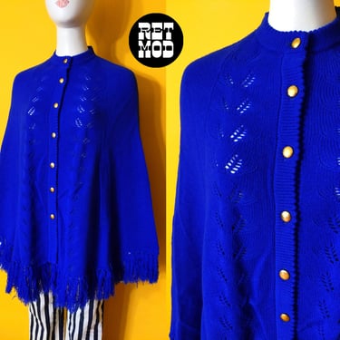 Fantastic Vintage 60s 70s Cobalt Blue Knit Poncho with Button-Down Front 