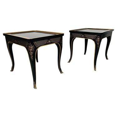 Pair Et Cetera Chinoiserie Burl & Black Lacquer Side or End Tables By Drexel 