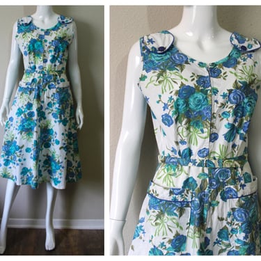 Vintage 40s 1950s Zip Front Bucket Pockets Cotton Day Dress Blue Cabbage Rose Print Summer Dress  // US 6 8 10 Medium Large 