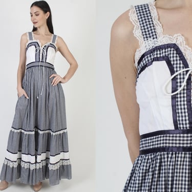 Gunne Sax Cottagecore Dress, Vintage 70s Gingham Print, Long Prairie Sundress, Tag Size 9 