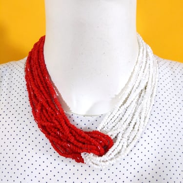 Chic Vintage 70s 80s 90s Red & White Tiny Beaded Multi-Strand Statement Necklace 
