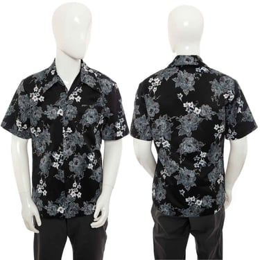 1970's Paul Howard Black and White Floral Print Resort Shirt Size L