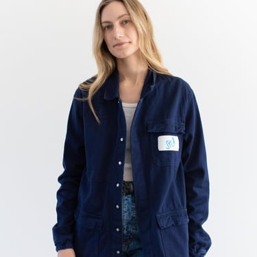 Vintage Rich Navy Blue Moleskin Chore Coat | Unisex Snap Cotton Utility Work Jacket | Made in Europe | S M | J011 