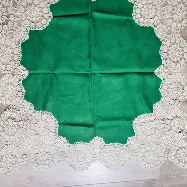 Vintage Tablecloth Green Linen and Lace Fabric Square table cover Ornate linens Holiday Home Decor 