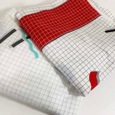 Vintage Geometric Cannon Set Full Double Flat Fitted Sheet Windowpane Bedding Cotton Fabric Primary Shapes Bold 1980s 