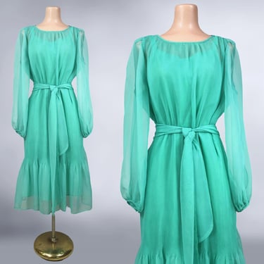 VINTAGE 70s Sea Glass Crystal Pleated Chiffon Dress by Ruth McCulloch | 1970 Sheer Sleeve Disco Dress and Slip | Stevie Nicks | vfg 