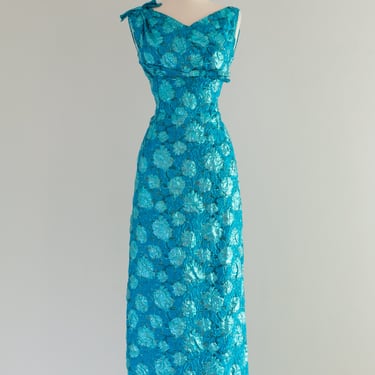 Stunning 1960's Sparkling Metallic Turquoise Evening Gown / Small