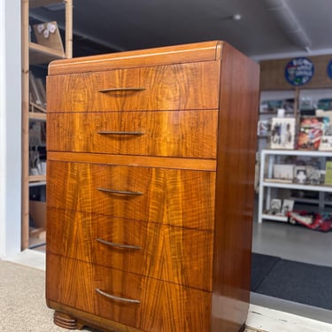 Free shipping within continental US - Art Deco Waterfall Tall Dresser in Bookmatched Walnut Veneer, Possibly 1930s 