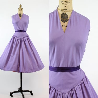 1950s lavender cotton dress small | vintage bow back dress 
