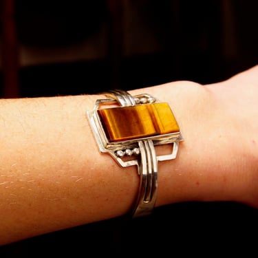 Vintage TAXCO Sterling Silver Tigers Eye Cuff Bracelet, Modernist Cuff, Polished Rectangular Gemstone, Engraved Mexico 925, 5 1/8&quot; L 