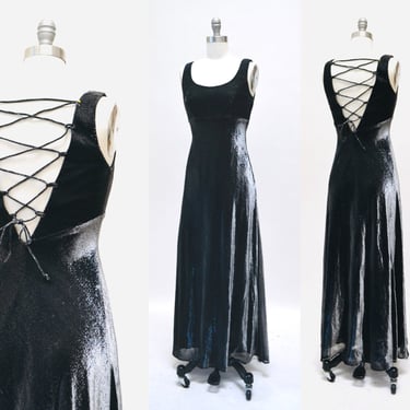 90s Vintage Black Prom Dress large black long Evening Gown Dress large// 90s Metallic Bias Cut Dress Gown Size Large 