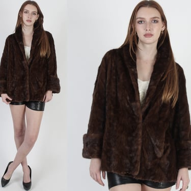 60s Feathered Mahogany Mink Fur Coat / Dark Brown Real Fur Jacket / Vintage Genuine Patchwork Plush Jacket With Pockets 