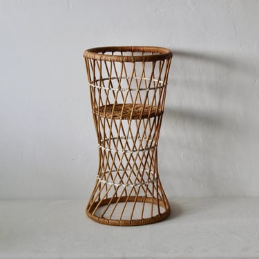 Vintage Italian Style Cylindrical Wicker Floor Basket Plant Stand 