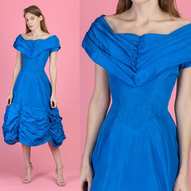 Vintage 1950s Blue Tea Length Party Dress - Extra Small | 50s Off Shoulder Pleated Ruched Formal Midi Dress 