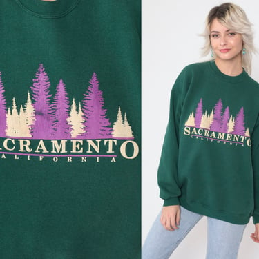 Sacramento California Sweatshirt 90s Green Tree Sweater Forest Crewneck Pullover Tourist Nature Print Vintage 1990s Hanes Heavyweight Large 