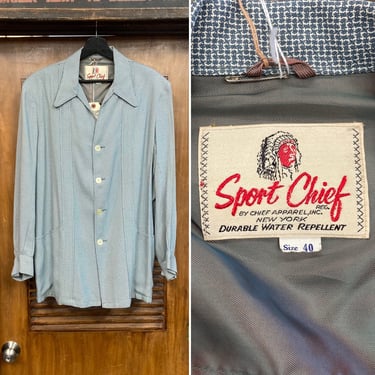 Vintage 1950’s -Deadstock- “Sport Chief” Rayon Hollywood Leisure Rockabilly Jacket, Pleat Detail, Size 40, 50’s Vintage Clothing 