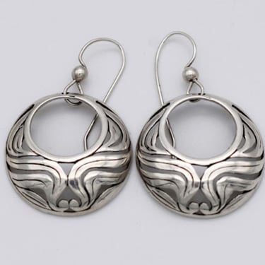 70's hippie couture sterling vine dangles, ornate boho round open work 925 silver earrings 