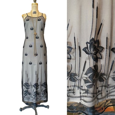 1990s maxi dress, vintage slip dress, nude illusion, black embroidered net, sheer dress, s/m, spaghetti straps 