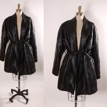1980s Black Leather Patchwork Long Sleeve Plus Size Belted Coat -XXL 