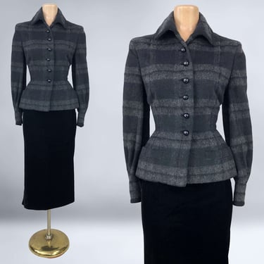 VINTAGE 40s New Look Mohair and Wool Suit Jacket Black and Gray Plaid | 1940s Fitted Tailored Blazer | VFG 