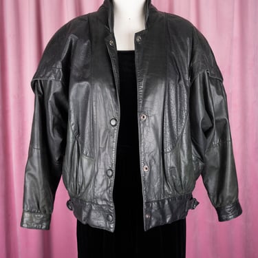 Vintage 80s J Walden Genuine Black Leather Dolman Sleeve Bomber Jacket 