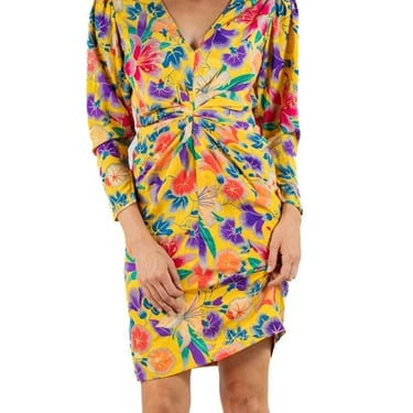 1990S Emanuel Ungaro Yellow Floral Silk Crepe De Chine Sleeved Cocktail Dress 