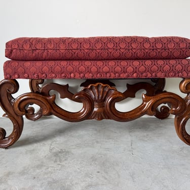 Baker Furniture Baroque Revival Carved Walnut Bench with Tufted Upholstered Seat 