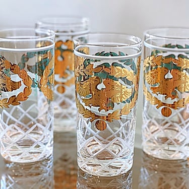 4 Vtg cocktail glasses by Fred Press. Whiskey highball tumblers w/ gold US Federal Eagle design on cut glass. Patriotic summer glassware. 