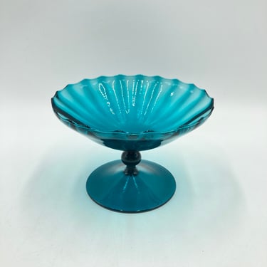 Empoli Glass Peacock Blue Optic Glass Compote, Pedestal Bowl, Vintage Turquoise Dish, Italian MCM Glassware, Mid Century Made in Italy 