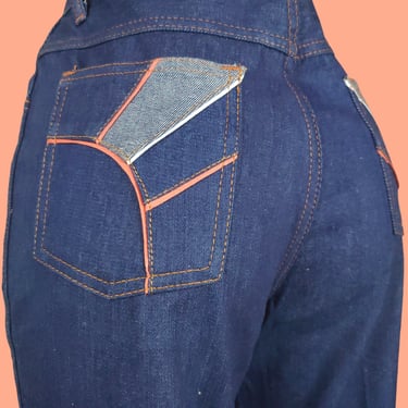 Deadstock sunray jeans from the 70s. Mongomery Ward tags. High rise, straight legs, peach trim, disco. (30 x 34) 