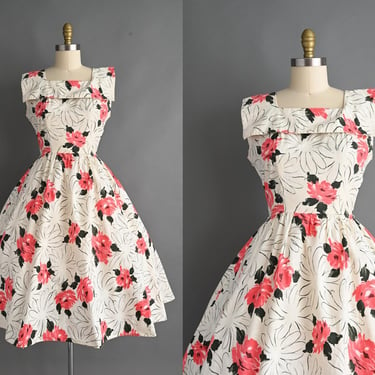 vintage 1950s Dress | Donna Durbin Pink Floral Sweeping Full Skirt Cotton Dress | Large 