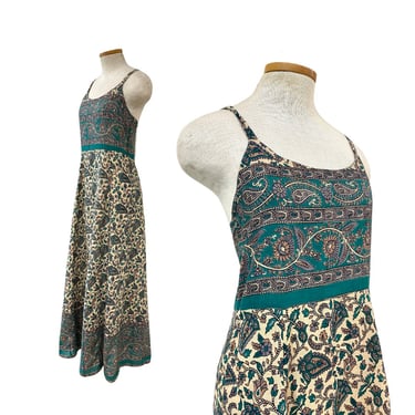 Vtg 70s Green Light Weight Cotton Strappy Indian Block Print Bohemian Sun Dress 