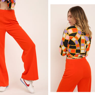 Vintage 1970s 70s Persimmon Orange High Waisted Wide Leg Flared Pants Trousers // Elasticated Waistband 