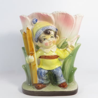 Vintage Figural Skiing Boy Planter Tulips Vase 