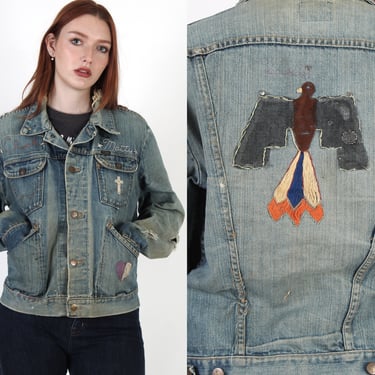 70s Wrangler Denim Blue Jean Embroidered Jacket, Vintage MC Studded Motorcycle Biker Coat 