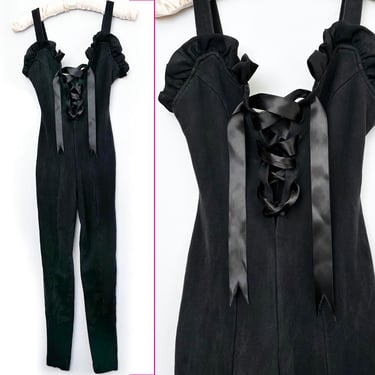 80's Black Lycra Bodysuit CONTEMPO Casuals, Vintage Catsuit Cotton Spandex Low Cut Lace Up Pantsuit 1980's 